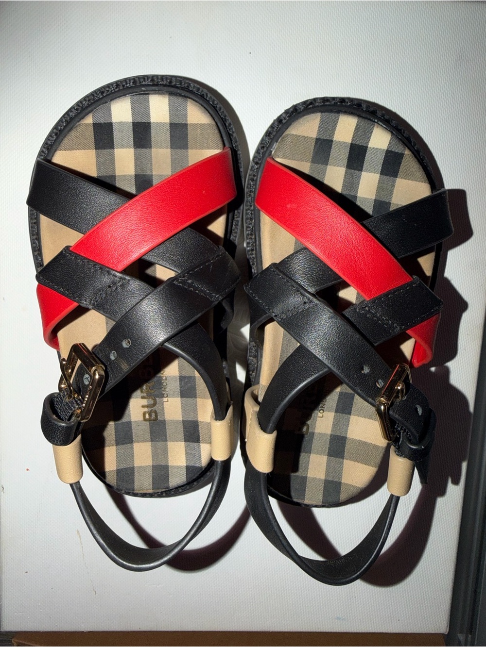 Burberry Black & Red Crisscross Kids Sandals with Signature Plaid Insole